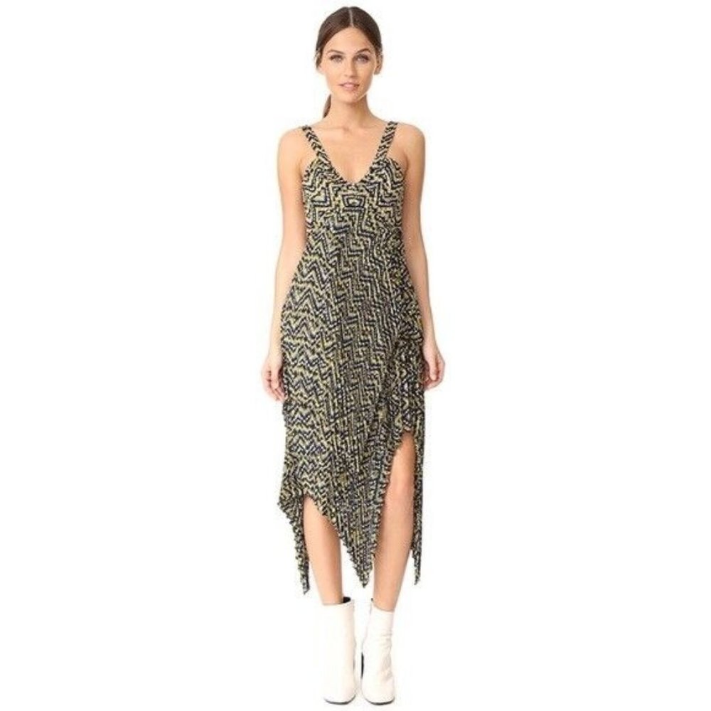 ALC Kendall Women's Ikat Silk Asymmetrical Pleated V-Neck Sleeveless Midi Dress